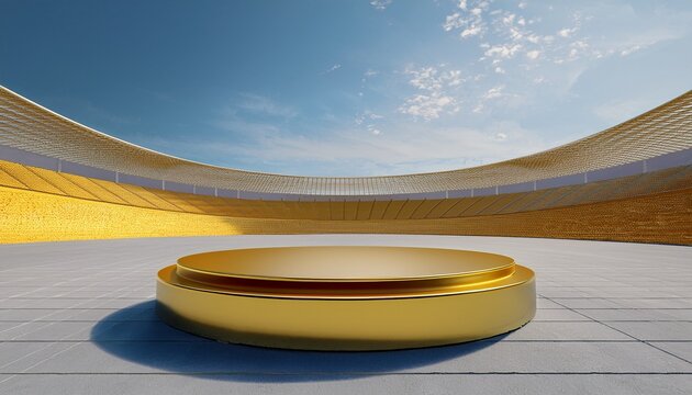 gold podium on empty gray asphalt floor in stadium 3d rendering of outdoor space and future architecture with blue sky background