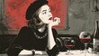 © vik173 - Nightlife and Parties illustration A woman at a jazz club wearing a beret and sipping red wine woman lifestyle