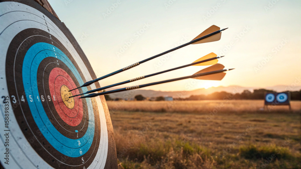Three arrows strike the bullseye on an archery target in a sunlit field ...