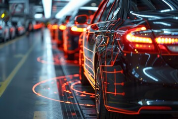 Poster - Modern car factory using futuristic hologram technology during the manufacturing process of autonomous self driving cars