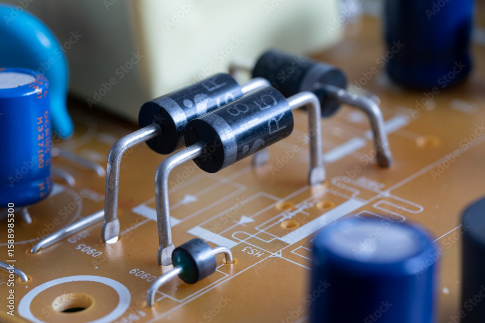 Close up of electronic components, diodes on printed circuit board ...