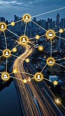 Poster - Vibrant city lights illuminate the skyline as urban connectivity networks weave through the bustling metropolitan area