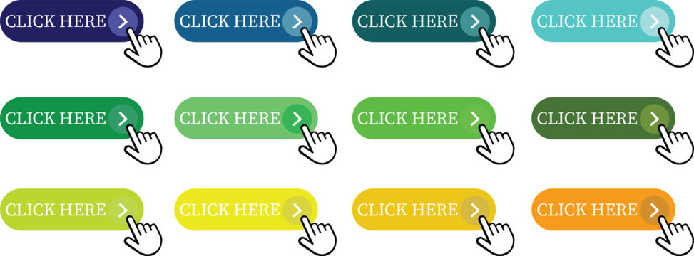 Click Here Button Icon set.Pointer Click button. Modern action button mouse click symbol. Computer mouse click cursor or Hand pointer symbol. Cursor arrow icon. Clicking finger. Vector illustration.
