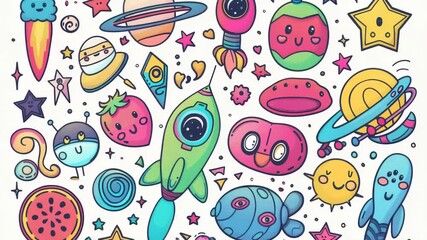 Wall Mural - a collection of space-related objects, including planets, stars, and spacecraft