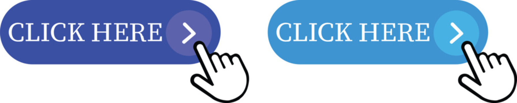 Click Here Button Icon set.Pointer Click button. Modern action button mouse click symbol. Computer mouse click cursor or Hand pointer symbol. Cursor arrow icon. Clicking finger. Vector illustration.