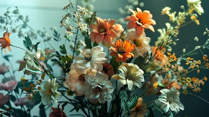Poster - A stunning assortment of flowers arranged in a bouquet featuring various colors and delicate details under soft light