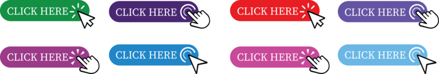Fototapete - Click Here Button Icon set.Pointer Click button. Modern action button mouse click symbol. Computer mouse click cursor or Hand pointer symbol. Cursor arrow icon. Clicking finger. Vector illustration.
