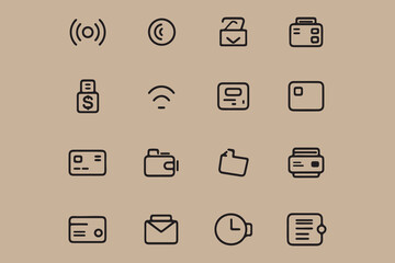 Poster - A collection of minimalist black outline icons representing financial transactions and digital services on a neutral background