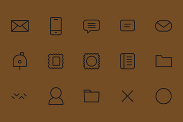 Poster - Collection of simple black line art icons representing communication and organization on a brown background