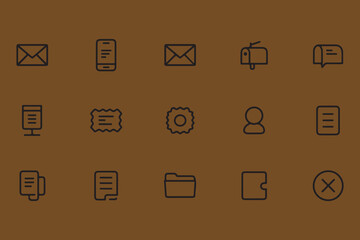 Poster - Collection of simple outline icons representing communication and digital information on a brown background