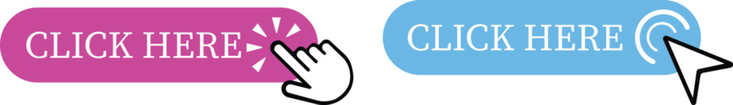 Click Here Button Icon set.Pointer Click button. Modern action button mouse click symbol. Computer mouse click cursor or Hand pointer symbol. Cursor arrow icon. Clicking finger. Vector illustration.