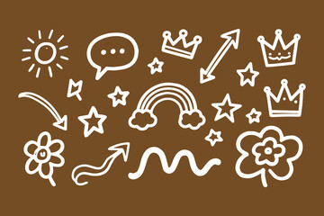 Poster - Collection of white hand drawn doodle icons including sun stars crowns rainbow flowers arrows and speech bubble on brown background