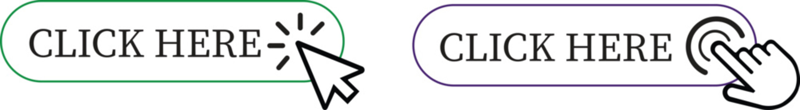 Click Here Button Icon set.Pointer Click button. Modern action button mouse click symbol. Computer mouse click cursor or Hand pointer symbol. Cursor arrow icon. Clicking finger. Vector illustration.