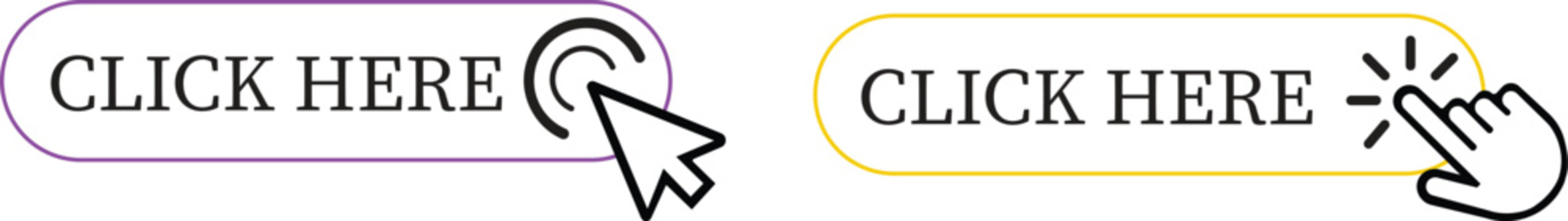 Click Here Button Icon set.Pointer Click button. Modern action button mouse click symbol. Computer mouse click cursor or Hand pointer symbol. Cursor arrow icon. Clicking finger. Vector illustration.