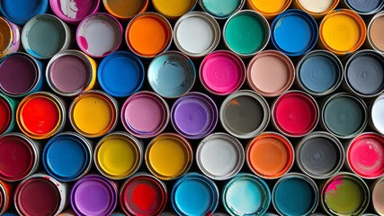 Poster - A collection of paint cans lined up, revealing a spectrum of colors in an art workshop, inviting creativity and inspiration