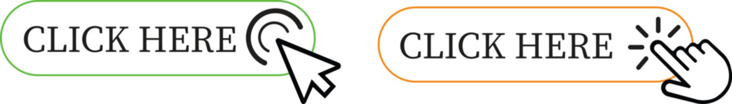 Click Here Button Icon set.Pointer Click button. Modern action button mouse click symbol. Computer mouse click cursor or Hand pointer symbol. Cursor arrow icon. Clicking finger. Vector illustration.