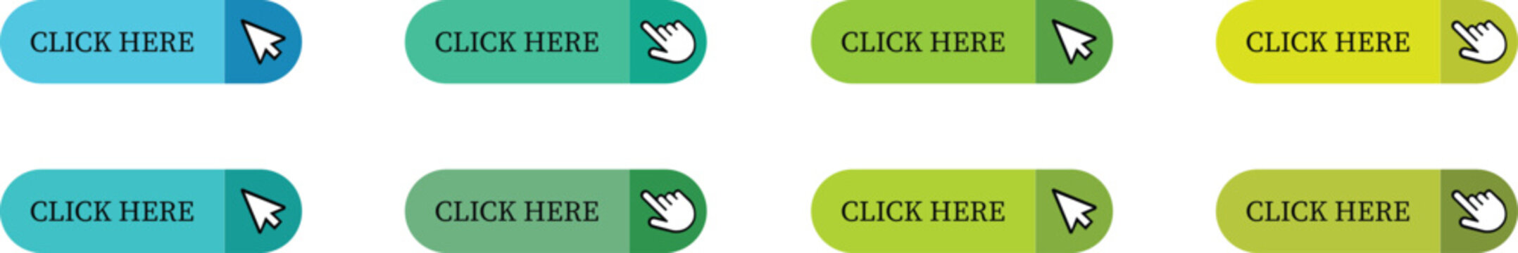 Click Here Button Icon set.Pointer Click button. Modern action button mouse click symbol. Computer mouse click cursor or Hand pointer symbol. Cursor arrow icon. Clicking finger. Vector illustration.