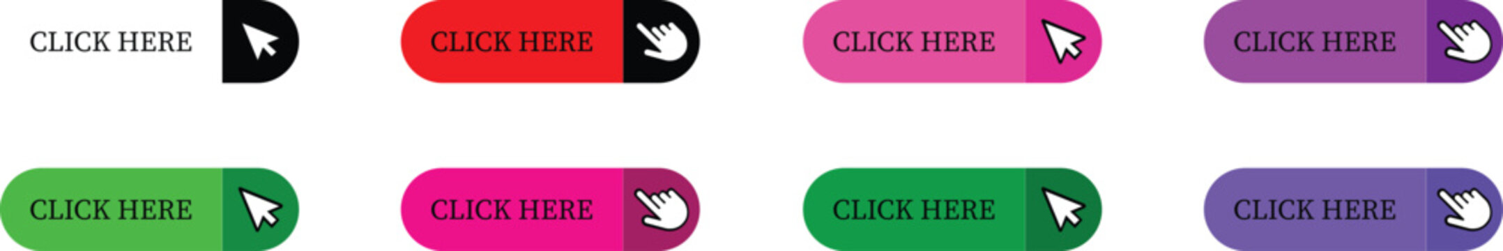 Click Here Button Icon set.Pointer Click button. Modern action button mouse click symbol. Computer mouse click cursor or Hand pointer symbol. Cursor arrow icon. Clicking finger. Vector illustration.