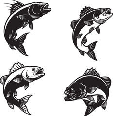 Largemouth bass perch walleye trout fish jumping silhouette vector illustration