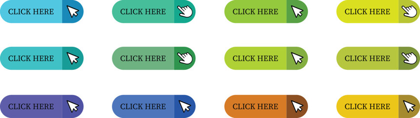 Fototapete - Click Here Button Icon set.Pointer Click button. Modern action button mouse click symbol. Computer mouse click cursor or Hand pointer symbol. Cursor arrow icon. Clicking finger. Vector illustration.