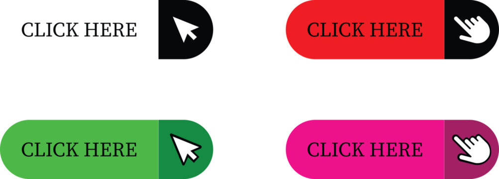 Click Here Button Icon set.Pointer Click button. Modern action button mouse click symbol. Computer mouse click cursor or Hand pointer symbol. Cursor arrow icon. Clicking finger. Vector illustration.