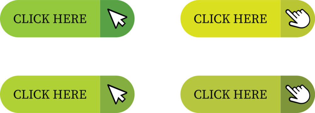 Click Here Button Icon set.Pointer Click button. Modern action button mouse click symbol. Computer mouse click cursor or Hand pointer symbol. Cursor arrow icon. Clicking finger. Vector illustration.