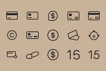 Poster - Collection of simple black outline icons representing financial transactions and concepts on a neutral background