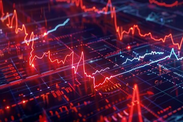 Fototapete - Red and blue glowing lines depict fluctuating financial market data on a dark circuit board, symbolizing electronic trading and market analysis
