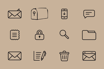 Poster - Collection of communication and data management icons including envelopes mailboxes phones notes locks search folders and trash cans