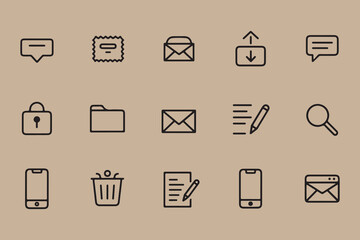 Poster - Collection of simple outline icons representing communication security organization and mobile technology on a neutral background