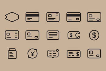 Poster - Collection of simple black line icons representing financial transactions and payment methods on a neutral background