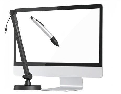Modern Computer Monitor With Digital Stylus Pen And Adjustable Arm Isolated on White Background