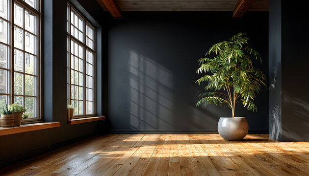 Empty modern room with black wall wooden floor. Interior 3D rendering. Green plant in pot near window. Minimalist style apartment design, studio space. Home decor element with copy space for product