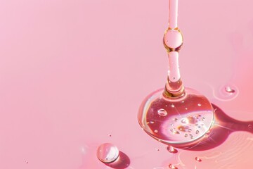 Poster - Clear liquid splashing on a pink surface, forming elegant shapes and tiny bubbles