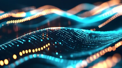 Poster - Dynamic digital waves with glowing blue and orange particles