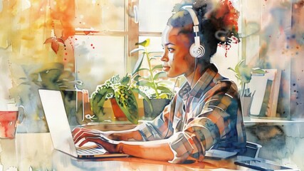 Leinwandbilder - A woman sitting at a desk with a laptop open, possibly working or studying