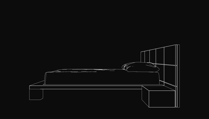 Poster - Black contour illustration of a bed with a pillow, featuring clean lines and minimalist style. The dark background enhances the stark contrast. Simple yet elegant design suitable for modern interiors.