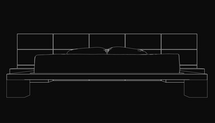 Poster - Black and white bed contour with plush pillows, clean outline against dark background, minimalist style, simple yet elegant design. Perfect for modern interior concepts.