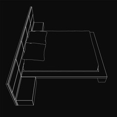 Poster - A black and white contour drawing of a bed with plush pillows, featuring clean line art against a dark backdrop. The minimalist design highlights the bed's shape and details.