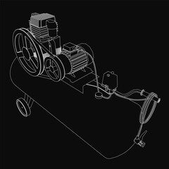 Poster - A black and white contour drawing of an air compressor on a dark background highlights intricate details like pistons, valves, and mechanical components.