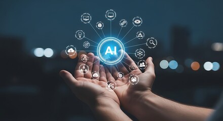 Fototapete - Hands holding ai technology concept with connected icons and symbols