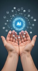 Fototapete - Human hands holding artificial intelligence conceptual design modern technology