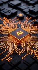 Fototapete - Illuminated artificial intelligence chip on modern computer circuit board