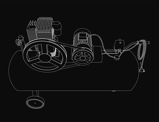 Poster - Black and white contour drawing of an air compressor with detailed components on a dark background. The illustration highlights mechanical parts and industrial design.