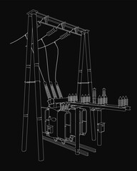 Poster - a high voltage power line with a central transformer, drawn in black and white contour style. the da