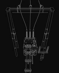 Poster - a high voltage transformer in black and white, featuring intricate wires and components for power di