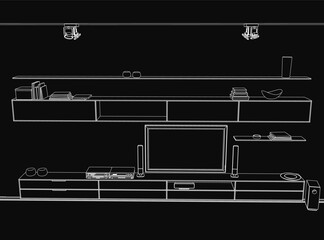 Poster - A black and white contour drawing depicts a mysterious living room with a television, books, and various objects on shelves. The dark background enhances the eerie atmosphere.