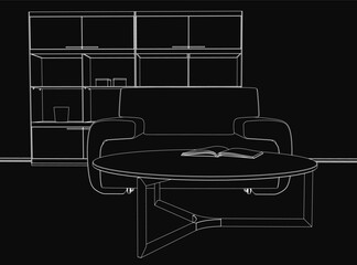 Poster - A black and white contour drawing of a chair and table with an open book, set in a simple living room. The dark background emphasizes the clean lines and minimalist style.
