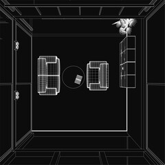 Poster - A black and white wireframe drawing of a cozy living room features a couch, table, door, and potted plant arranged neatly. The clean lines and minimalist style create an inviting atmosphere.
