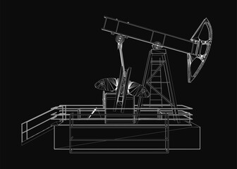 Poster - A 3D wireframe model of an oil pump with detailed spout, handle, and nozzle sits on a black background. The pump is encased in a sturdy metal frame, showcasing its mechanical blueprint design.